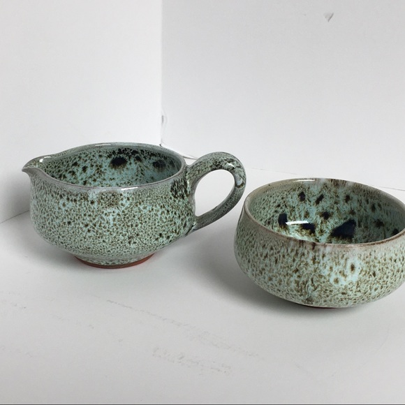 Sugar and creamer hand made speckled drip glaze green brown EUC unique vintage - Picture 10 of 16